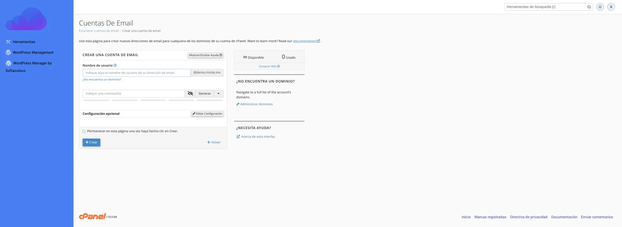 Formulario para crear cuenta de correo
